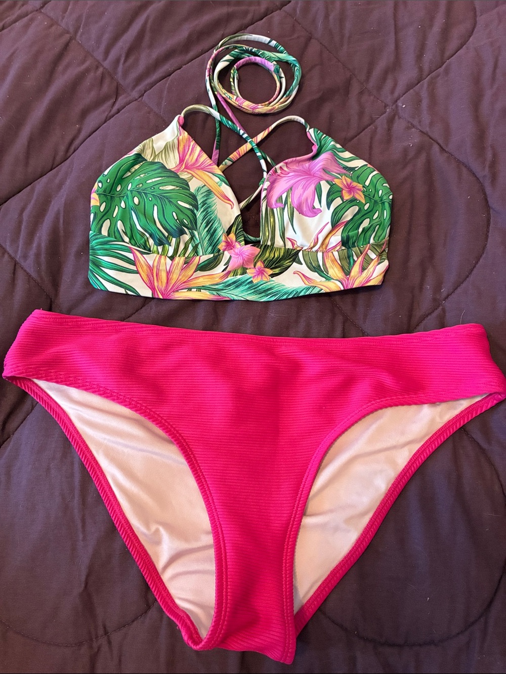 Tropical Print Crisscross Halter Bikini Set in Hot Pink